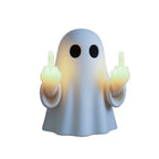 Halloween ghost with a glowing night light on its middle finger