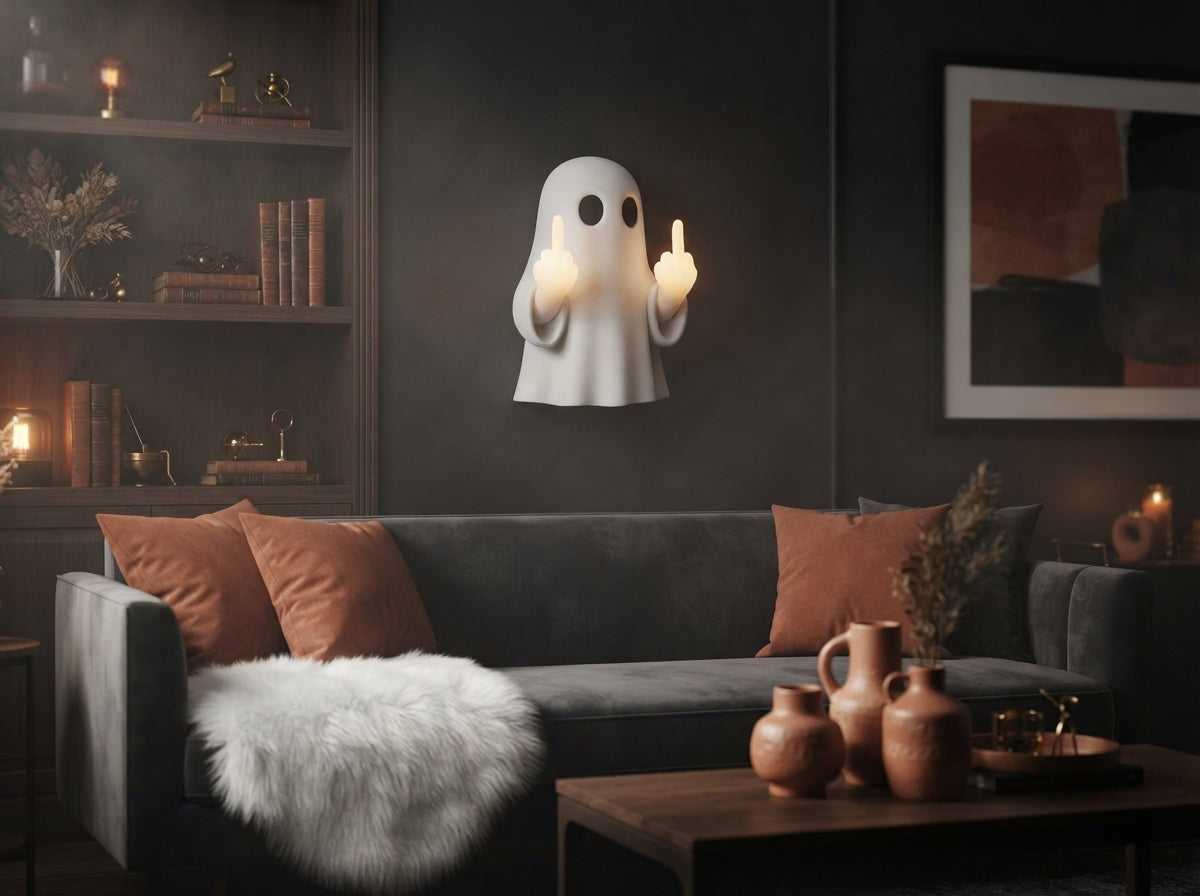 A glowing ghost night light with a luminous middle finger placed on a side table in a modern, moody living room.