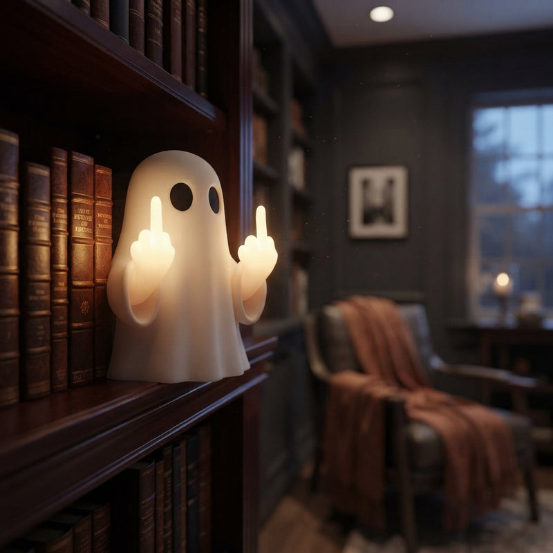 A small white ghost figurine with a glowing light on its finger sitting on a bookshelf in a dark, cozy library.